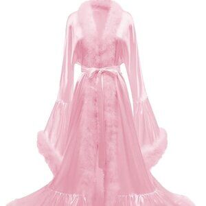 Extravagant pink satin, feather trimmed, marabou robe
